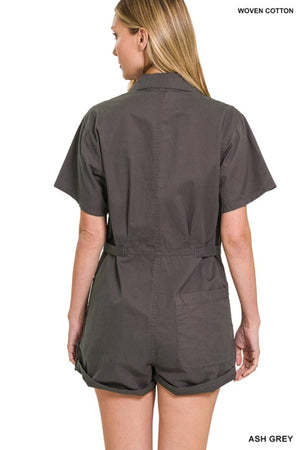 - Zenana Woven Cotton Button Front Shirt Romper - Ships from The US - womens rompers at TFC&H Co.