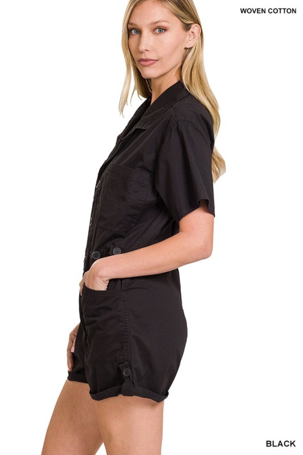 - Zenana Woven Cotton Button Front Shirt Romper - Ships from The US - womens rompers at TFC&H Co.