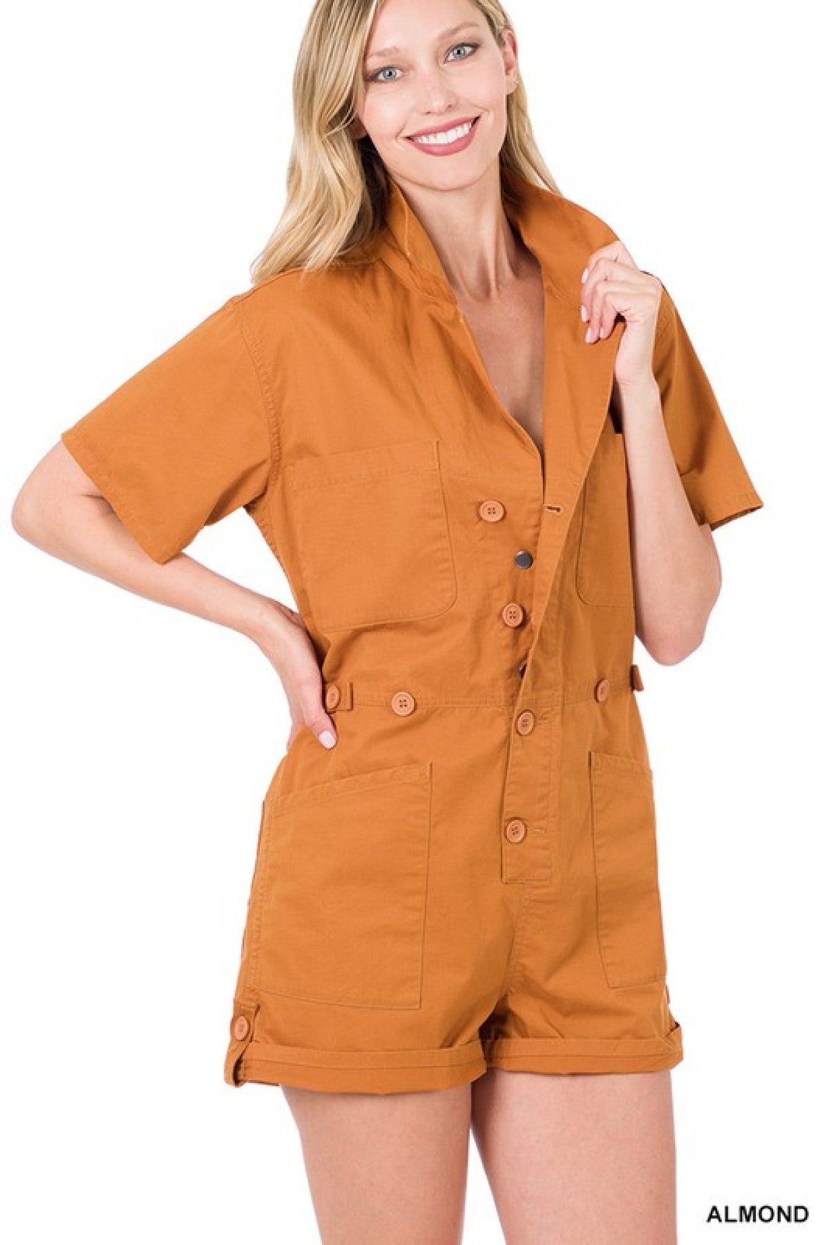 ALMOND - Zenana Woven Cotton Button Front Shirt Romper - Ships from The US - womens rompers at TFC&H Co.