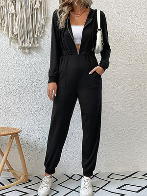 BLACK - Zip Up Elastic Waist Hooded Jogger Jumpsuit - womens jumpsuit at TFC&H Co.